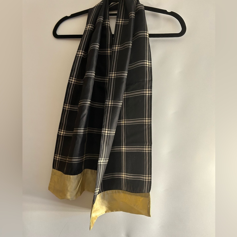 TALBOTS VINTAGE 100% SILK OBLONG SCARF PLAID BLACK/GOLD TAN KOREA MADE O/S